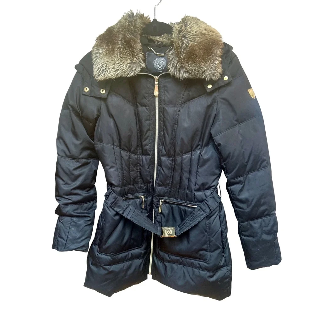 Vince Camuto Women's Black Belted Faux Fur Hooded Down Puffer‎ Coat Size M